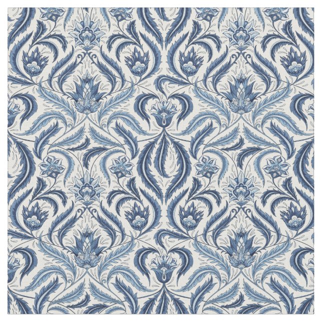 Blue and White Feathered Leaves Damask Floral Fabric (Close Up)
