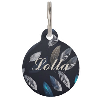blue and white feathers pet tag