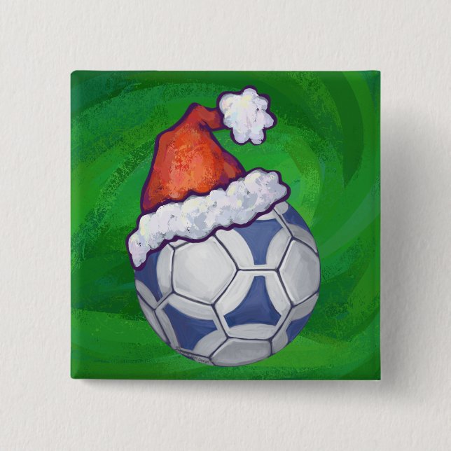 Blue and White Festive Soccer Ball on Green 15 Cm Square Badge (Front)