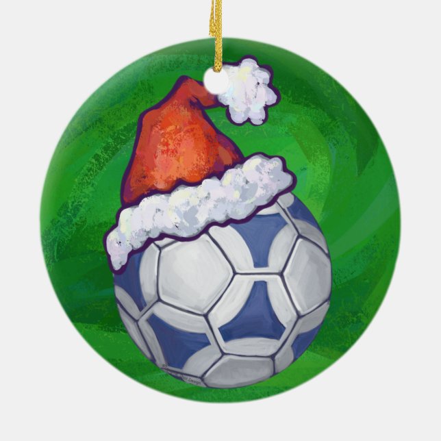 Blue and White Festive Soccer Ball on Green Ceramic Tree Decoration (Back)
