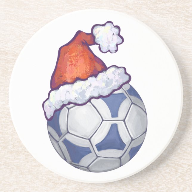 Blue and White Festive Soccer Ball on Green Coaster (Front)