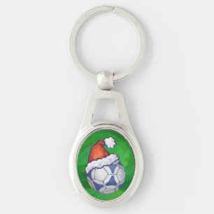 Blue and White Festive Soccer Ball on Green Key Ring