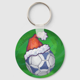 Blue and White Festive Soccer Ball on Green Key Ring