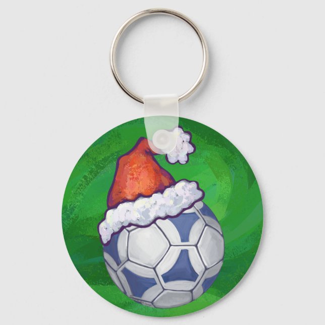 Blue and White Festive Soccer Ball on Green Key Ring (Front)