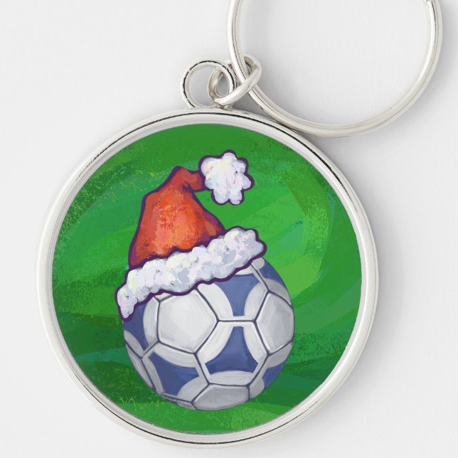 Blue and White Festive Soccer Ball on Green Key Ring (Front)