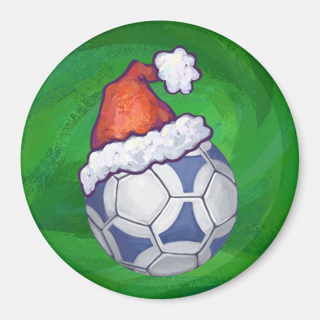 Blue and White Festive Soccer Ball on Green Magnet (Front)