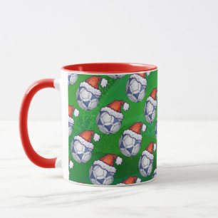 Blue and White Festive Soccer Ball on Green Mug