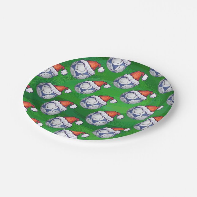 Blue and White Festive Soccer Ball on Green Paper Plate (Angled)