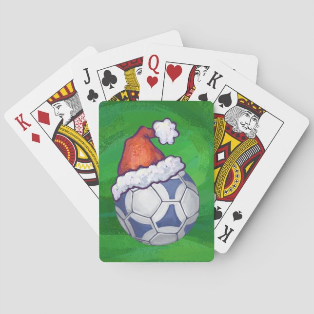 Blue and White Festive Soccer Ball on Green Playing Cards (Back)