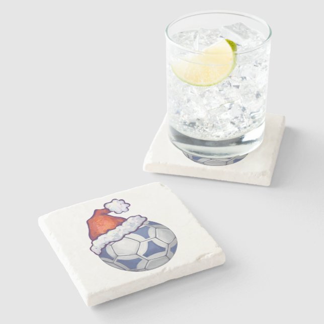 Blue and White Festive Soccer Ball on Green Stone Coaster (Side)