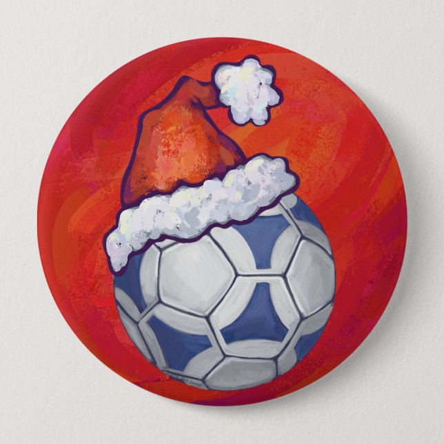 Blue and White Festive Soccer Ball on Red 10 Cm Round Badge (Front)