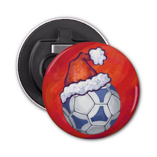 Blue and White Festive Soccer Ball on Red Bottle Opener (Front)