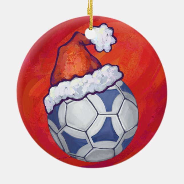 Blue and White Festive Soccer Ball on Red Ceramic Tree Decoration (Back)
