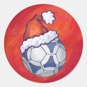 Blue and White Festive Soccer Ball on Red Classic Round Sticker