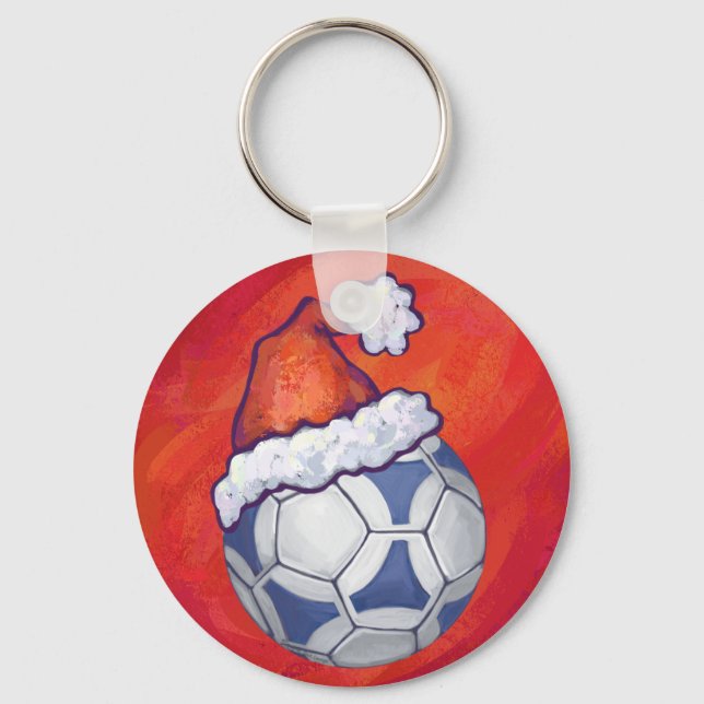 Blue and White Festive Soccer Ball on Red Key Ring (Front)