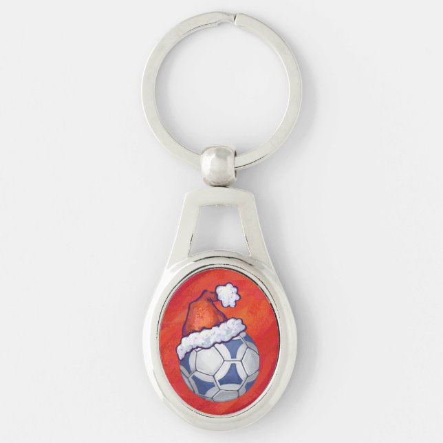 Blue and White Festive Soccer Ball on Red Key Ring (Front)