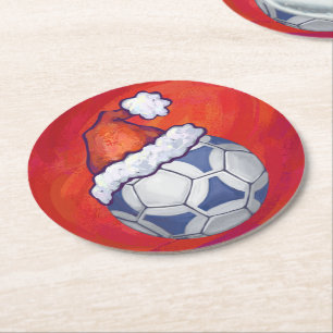 Blue and White Festive Soccer Ball on Red Round Paper Coaster