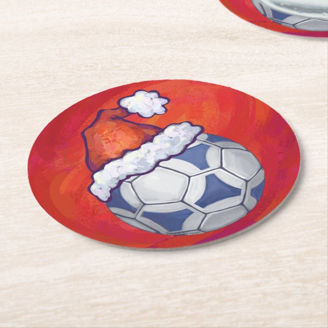 Blue and White Festive Soccer Ball on Red Round Paper Coaster (Angled)
