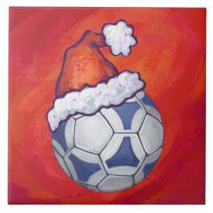 Blue and White Festive Soccer Ball on Red Tile