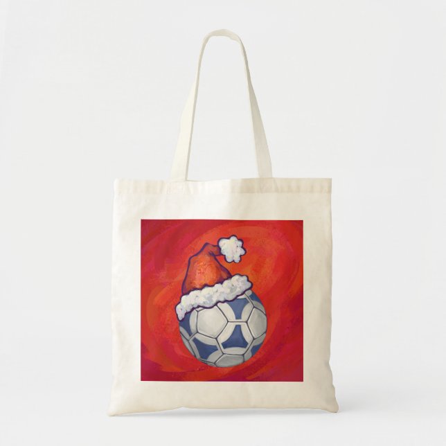 Blue and White Festive Soccer Ball on Red Tote Bag (Front)