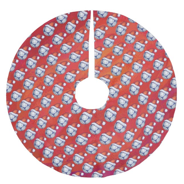 Blue and White Festive Soccer Ball Pattern on Red Brushed Polyester Tree Skirt (Front)