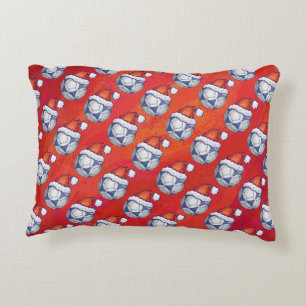 Blue and White Festive Soccer Ball Pattern on Red Decorative Cushion