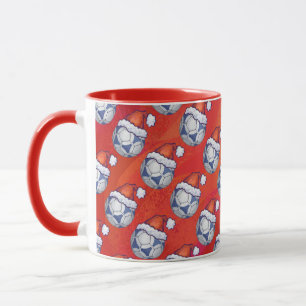 Blue and White Festive Soccer Ball Pattern on Red Mug