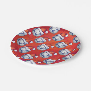 Blue and White Festive Soccer Ball Pattern on Red Paper Plate