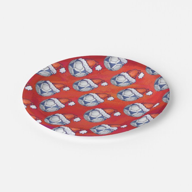 Blue and White Festive Soccer Ball Pattern on Red Paper Plate (Angled)