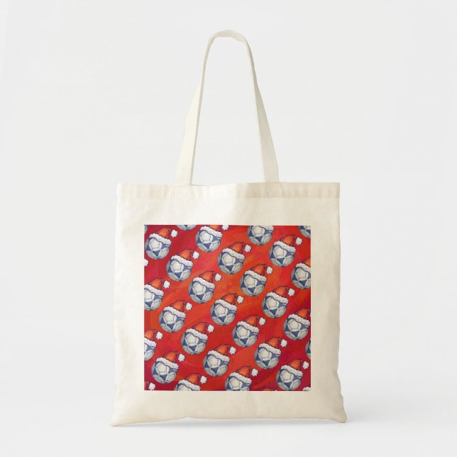 Blue and White Festive Soccer Ball Pattern on Red Tote Bag (Front)