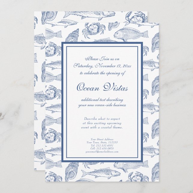 Blue and White Fish and Crab Elegant Coastal Event Invitation (Front/Back)