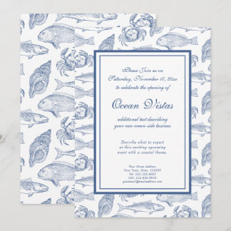 Blue and White Fish and Crab Elegant Coastal Event Invitation