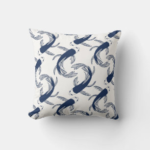 Blue and white fish pattern, Japanese ink painting Cushion