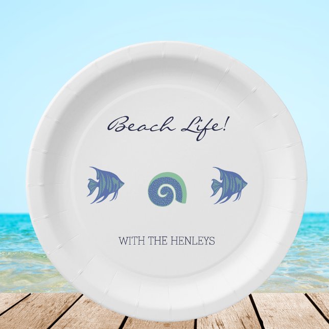 Blue and White Fish Shells Family Beach House Paper Plate (Creator Uploaded)
