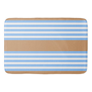Blue and white five stripes pattern with tan bath mat