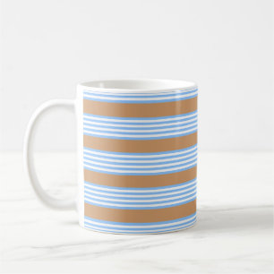 Blue and white five stripes pattern with tan coffe coffee mug