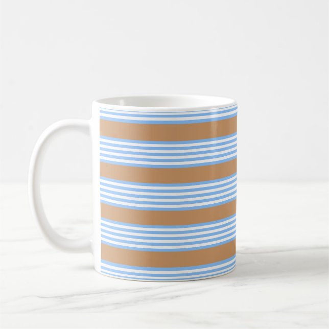 Blue and white five stripes pattern with tan coffe coffee mug (Left)