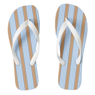 Blue and white five stripes pattern with tan flip flops