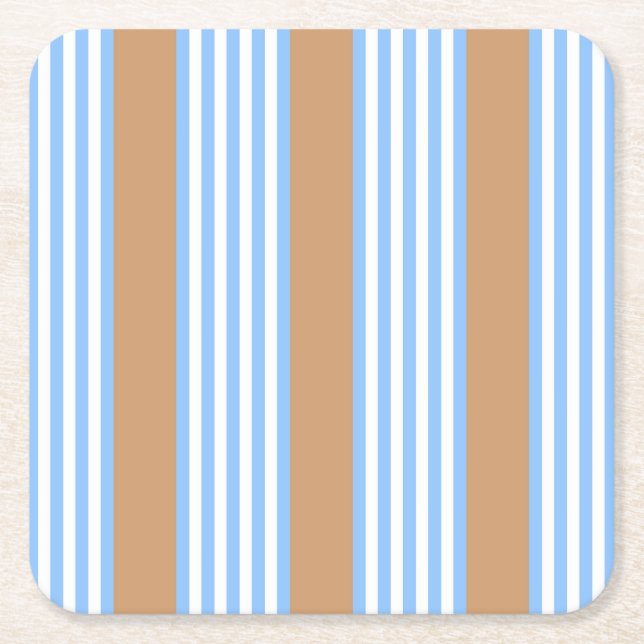 Blue and white five stripes pattern with tan square paper coaster (Front)