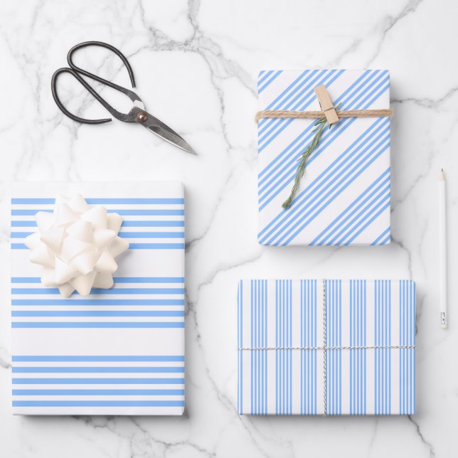 Blue and white five stripes pattern wrapping paper sheet (Front)