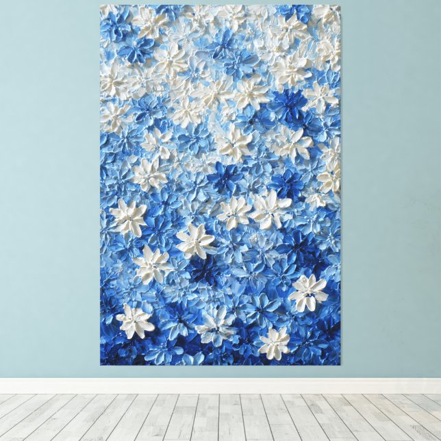 Blue and White Floral Abstract Wall Art (Insitu(Wood Floor))