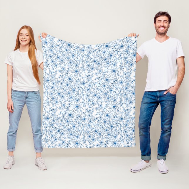 Blue and White Floral Aesthetic Fleece Blanket (In Situ)