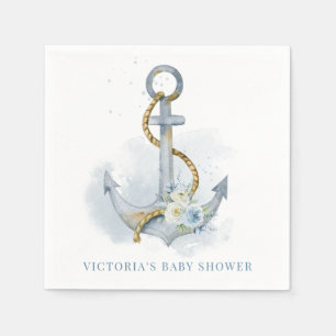 Blue and White Floral Anchor Nautical Baby Shower Napkin