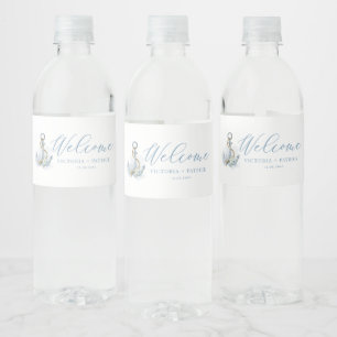 Blue and White Floral Anchor Nautical Wedding Water Bottle Label