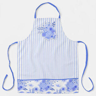 Blue and White Floral and Stripes Apron
