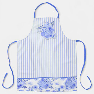 Blue and White Floral and Stripes Apron