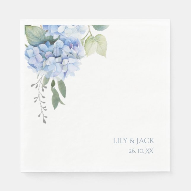 Blue and White Floral Blue Hydrangea Wedding  Napkin (Front)