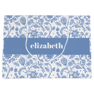 Blue and White Floral Botanical Custom Name Modern Large Gift Bag