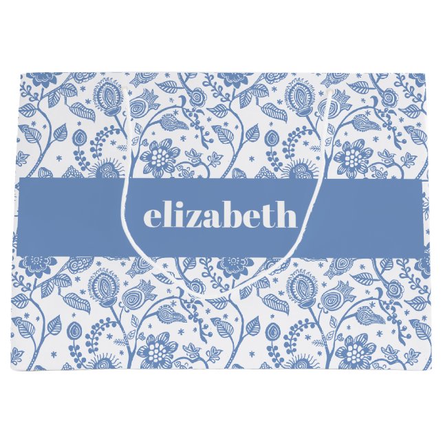 Blue and White Floral Botanical Custom Name Modern Large Gift Bag (Front)