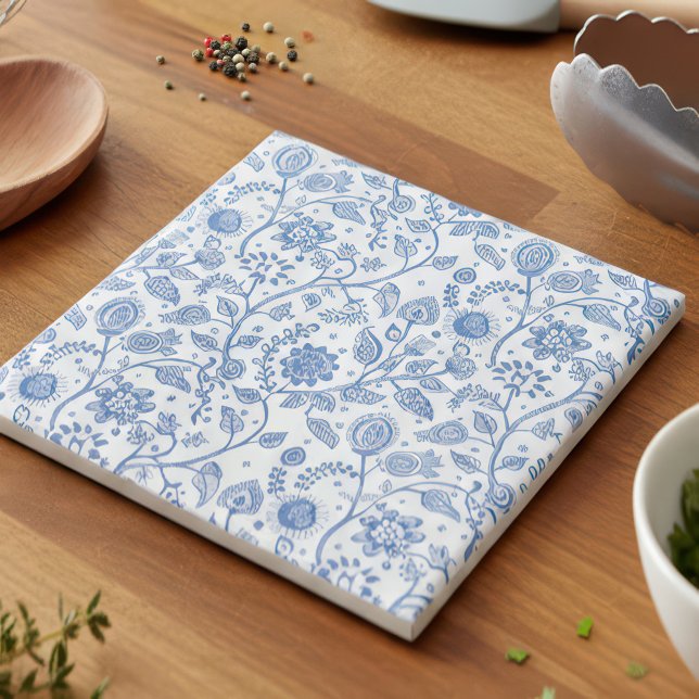 Blue and White Floral Botanical Pattern Modern Tile (Creator Uploaded)